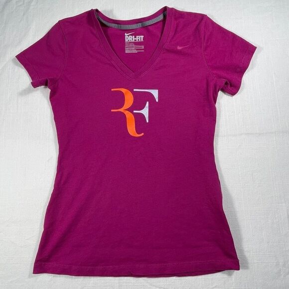 Nike Dri-Fit Roger Federer Magenta Slim Fit Short Sleeve V-Neck T-Shirt Sz Small - Picture 1 of 6